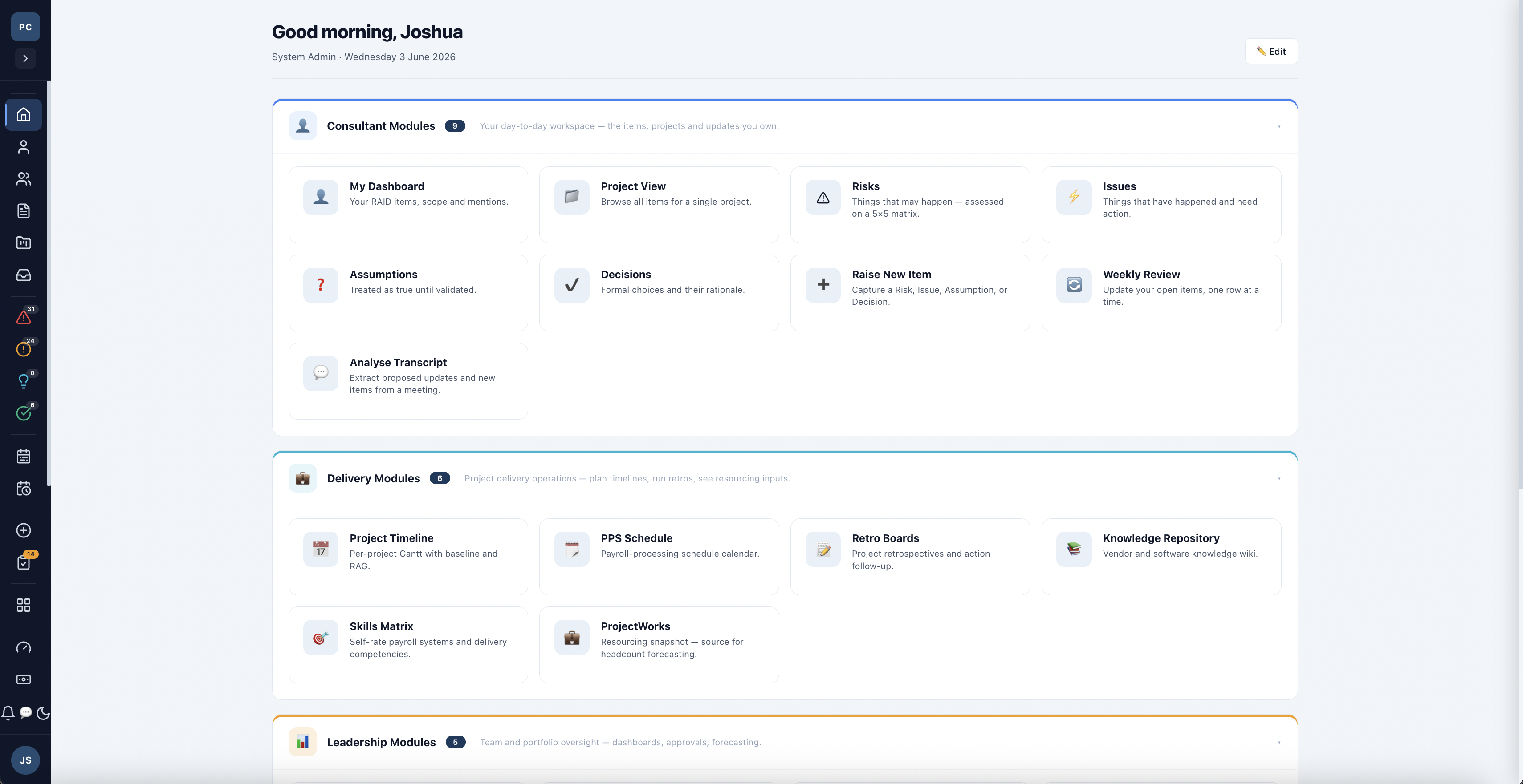 A custom operations platform built for a 40-person firm — module dashboard